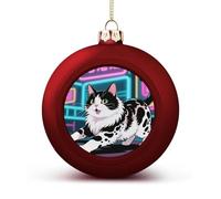 Domestic Cat Christmas Ball Ornaments - Red Shatterproof Plastic Vintage Rustic Xmas Tree Decorations Pendant for Family Holiday Wedding Party Xmas Hanging Decoration