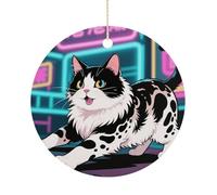 Domestic Cat Double-Sided Ceramic Christmas Ornaments - Round Hanging Mini Xmas Tree Decorations, Ideas for Farmers, Rustic Home Decor for Indoor Outdoor Tree Decor