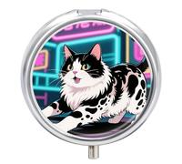 Domestic Cat Pill Box - 3 Compartment Travel Pill Organizer with Small Mirror, Portable Pillcase for Pocket & Purse, Cute Round Medicine Case, Weekly Medicine Container