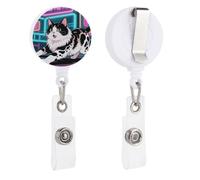 Domestic Cat Retractable Badge Reel - Personalized ID Name Badge Holder with Lanyard Cute Badges Reel Holder Round Nurse Doctor Name Tag Badges Clip for Work