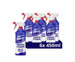 Domestos Power Foam Arctic Fresh Toilet & Bathroom Cleaner Spray sprays upside down & eliminates 99.99% of germs for cleaning inside the toilet &