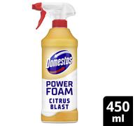 Domestos Power Foam Citrus Blast Toilet & Bathroom Cleaner Spray sprays upside down & eliminates 99.99% of germs* for cleaning inside the toilet &