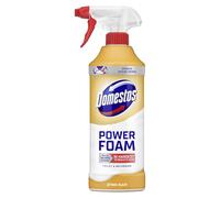 Domestos Power Foam Citrus Blast Toilet & Bathroom Cleaner Spray sprays upside down & eliminates 99.99% of germs* for cleaning inside the toilet & around the bathroom 450 ml