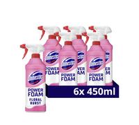 Domestos Power Foam Floral Burst Toilet & Bathroom Cleaner Spray sprays upside down & eliminates 99.99% of germs* for cleaning inside the toilet &