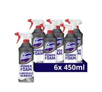 Domestos Power Foam Limescale Remover Toilet & Bathroom Cleaner Spray sprays upside down & eliminates 99.99% of germs* for 100% limescale removal