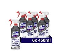 Domestos Power Foam Limescale Remover Toilet & Bathroom Cleaner Spray sprays upside down & eliminates 99.99% of germs* for 100% limescale removal inside the toilet & around the bathroom 6x 450 ml
