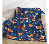 Domgoge Fox Blanket Kids, Soft Flannel Throw Fleece with Flower, Cozy Warm Fluffy Fuzzy Wildlife Floral Print Blankets Women Gifts Sofa Couch Bed Decor, 130x152cm, Fox-navy Blue, 50''x60'' for Teen