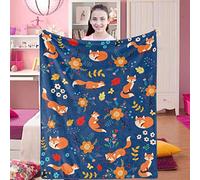 Domgoge Fox Blanket Kids, Soft Flannel Throw, Fleece with Flower, Cozy Warm Fluffy Fuzzy Wildlife Floral Print Blankets, 101x127cm, Fox-navy Blue, 101 x 127cm Kid