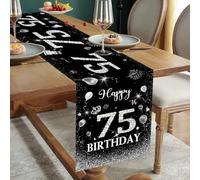 Domgoge Happy 75th Birthday Table Runner Black Silver 75 Years Old Birthday Celebration Party Decorations Non-Slip Dining Table Linen Cloth Decor 180x35cm Long