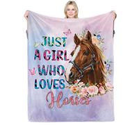 Domgoge Just a Girl Who Loves Horses Blanket for Girls Horse Flower Throw Blankets Gifts for Women Light Pink Purple Warm Lightweight Flannel Fleece Blanket for Sofa Couch All Season, 150cm x 200cm