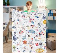 Domgoge Space Throw Blanket, Blankets Kids, Soft Cozy Fleece Planets Fluffy Fuzzy Flannel Outer Rocket Astronaut Galaxy Universe Blanket for Toddler Child Boy Sofa, 101x127cm, Space-white