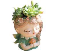 Domigard Cute Girl Succulent Planter Pots, Closed Eyes Resin Cactus Planter Drainage Hole, Small Plant Pots for Indoor Outdoor Plants, Great for Home Office Decor - Green