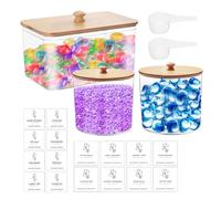 Domigard Laundry Storage Container Jar with Wood Lid, 3pcs Transparent Plastic Jars for Laundry Detergent Storage, High-Capacity Washing Powder Storage Container with 2 Scoops 16pcs Labels for Home(A)
