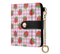 DOMIKING Wallet for Women Bifold PU Leather Credit Card Holder with ID Window RFID Blocking Slim Coins Cash Wallet Purse for Female Ladies, Multicolor-Strawberries Buffalo Plaid Pink, S, Modern
