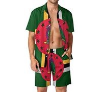 Dominica Flag Men's 2 Piece Beach Outfits Hawaiian Button Down Short Sleeve Shirt And Shorts Sets