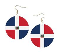 Dominican Republic Round Leather Earrings Gold, Double-Side Printed Drop Dangle Jewelry for Women, for Festival Party Gift
