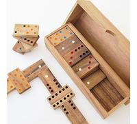 DOMINOES DOUBLE 6 in eco-friendly solid wood, 2-6 players from 6 years old, CE standard, 28 dominoes in their wooden box, easy storage, travel game, classic family board game. Brand : Le Délirant.