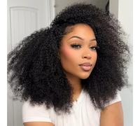 Domiso Afro Wig 3 in 1 Half Wig Human Hair Seamless Curly Fold Over Wig Beginner Friendly Glueless Drawstring Clip in Wig No Sew In Black 20 Inch