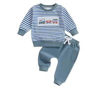 Domisola Baby Boy Fall Winter Clothes Train Embroidered Stripe Long Sleeve Sweatshirt Trousers Pants Set Toddler 2Pcs Outfits (Blue, 6-12 Months)