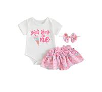Domisola Baby Girl First Birthday Outfit Half Way to the One Romper+Floral Shorts+Headband Cake Smash Clothes Set (Ice Cream Pink, 6-12 Months)