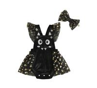 Domisola Baby Girl My First Halloween Outfits Infant Ruffle Sleeveless Tulle Velvet Romper Dress Backless Bodysuit Headband (Black, 6-12 Months)