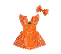 Domisola Baby Girl My First Halloween Outfits Infant Ruffle Sleeveless Tulle Velvet Romper Dress Backless Bodysuit Headband (Orange, 0-3 Months)