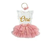 Domisola Baby Girls My 1st Birthday Outfits Sleeveless Floral Lace Romper + Tutu Skirt + Headband Set (B- Sleeveless 3pcs Skirt Set- Pink, 6-12 Months)