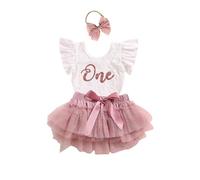 Domisola Baby Girls My 1st Birthday Outfits Sleeveless Floral Lace Romper + Tutu Skirt + Headband Set (B- Fly Sleeve 3pcs Skirt Set- Pink, 6-12 Months)