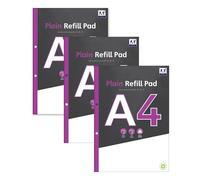 Domkora A4 Plain Refill Pad Notebook Writing Paper - 3 Pack 120 Pages Hole Punched Note Paper - Sketch Pad Folder Binder Ready Study - Work Office School College Filing - 100% Recyclable