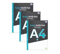 Domkora A4 Ruled Refill Pad Notebook Writing Paper - 3 Pack 100 Sheets Hole Punched Lined Note Paper - Work Office School College Notepad - Folder Binder Ready Study Filing - 100% Recyclable