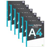 Domkora A4 Ruled Refill Pad Notebook Writing Paper - 6 Pack 100 Sheets Hole Punched Lined Note Paper - Work Office School College Notepad - Folder Binder Ready Study Filing - 100% Recyclable