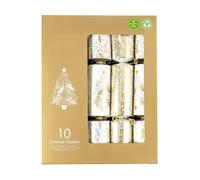 Domkora Cream & Gold Traditional Christmas Crackers - Pack of 10 Plastic Free Delux Crackers - 12" Tree & Winter Foliage Design Festive Table Decor - 100% Recyclable Packaging Party Hats Gifts