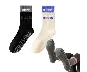 DomoJoy 2 Pairs Two-Tone Pilates Socks, Grip Yoga Socks, splicing process, Off-White & Blue, Coffee & Light Brown, Universal Size, Mid-Calf Socks, for Home Sports Yoga Gym Ballet
