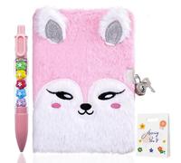 DomoJoy Cute Girls Notebook A5 “Pink Little Fox ”, Secret Diary for Girls with Lock, Fluffy Notebooks for Girls, Pair with Cute Pens and Gift Bag, stationery Gift Set