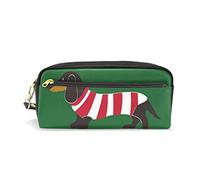 Domoko Green Dachshund Dog Striped PU Leather Pen Pencil Case Pouch Case Makeup Cosmetic Travel School Bag