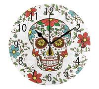 Domoko Home Decor Floral Sugar Skull Day of the Dead Round Acrylic Wall Clock Non Ticking Silent Clock Art for Living Room Kitchen Bedroom