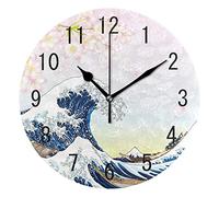 Domoko Home Decor Japanese Ocean Wave Cherry Blossom Round Acrylic Wall Clock Non Ticking Silent Clock Art Living Room Kitchen Bedroom
