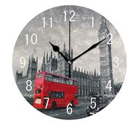 Domoko Home Decor London Big Ben Cityscape Red Bus Round Acrylic Wall Clock Non Ticking Silent Clock Art Living Room Kitchen Bedroom