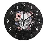 Domoko Home Decor Sugar Skull with Rose Flower Round Acrylic Wall Clock Non Ticking Silent Clock Art for Living Room Kitchen Bedroom