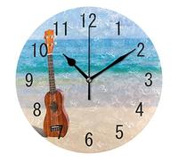 Domoko Home Decor Summer Ukulele on the Beautiful Beach in Hawaii Round Acrylic Wall Clock Non Ticking Silent Clock Art for Living Room Kitchen Bedroom