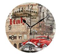 Domoko Home Decor Vintage Italy Cityscape Red Car Round Acrylic Wall Clock Non Ticking Silent Clock Art for Living Room Kitchen Bedroom