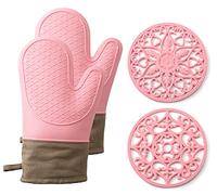 Domonic Home Oven Mitts and Pot Holders Sets, Silicone Oven Mitts Heat Resistant 600F, Oven Mitt Set Soft Lining Good Grip, Oven Gloves and Trivet Mats 4 Piece Set, Pink