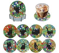 DOMROM 8 Pcs Diamond Painting Coasters Kits with Holder, Black Cat Diamond Art Coasters for Adults Beginners 5D DIY Diamond Coasters, Flowers Diamond Art Painting Kits Craft Supplies