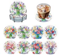 DOMROM 8 Pcs Diamond Painting Coasters Kits with Holder, Colorful Flowers Diamond Art Coasters for Adults Beginners 5D DIY Diamond Coasters, Diamond Art Painting Kits Craft Supplies