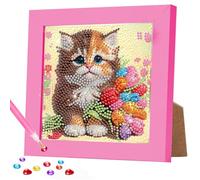 DOMROM Cat Diamond Art Kits for Kids, Flowers Diamond Painting Kits with Frame DIY Mosaic Gem Kit for Kids Ages 6-8-12, Art and Crafts for Girls Boys Adults
