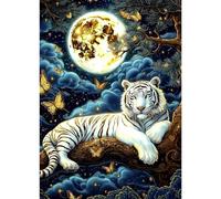 DOMROM Diamond Art Kits for Adults, White Tiger Diamond Painting Kits for Beginners, 5D DIY Full Round Drill Gem Dots Moon Paint by Diamonds Art and Craft Kit for Gift Home Decor 12x16 inch