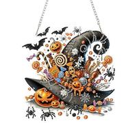 DOMROM Halloween Diamond Art Painting Pendant, Hat Diamond Painting Window Pictures, Candy Diamond Painting Hanging Ornament for Children Adults Diamond Painting Crafts Door Wall Window Decoration