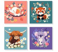 DOMROM Paint by Number for Adults Framed Canvas, 4 Pack Paint by Number Kits Animal Flowers Arts for Beginner, Easy DIY Cow Elephant Koala Red Panda Acrylic Painting Number Kit for Home Decor(8X8in)