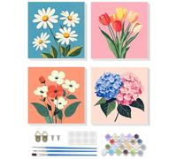 DOMROM Paint by Number for Adults Framed Canvas, 4 Pack Paint by Number Kits Flowers Arts and Crafts for Beginner, Easy DIY Daisy Tulip Hydrangea Acrylic Oil Painting Number Kit for Home Decor(8X8in)