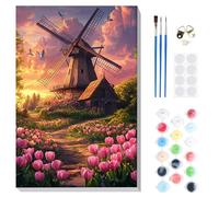 DOMROM Paint by Numbers Kit for Adults Beginner with Wooden Frame, Windmill Flowers Acrylic Paint by Number, Sunset Landscape Oil Painting Kit with Framed Canva Arts and Crafts for Home Decor 20X30cm
